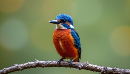 Fototapeta premium Vibrant Male Common Kingfisher Perched on Branch Vivid Colors Wildlife Photography