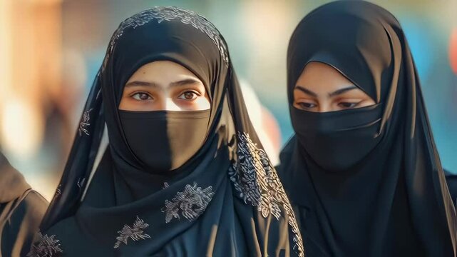 Group of girls wearing hijabs and face coverings walking down the street. Muslim girls in traditional Islamic clothing.