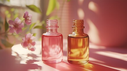 Essential Oil Bottles in Pink and Amber Glass. Warm Morning Light Wellness Concept