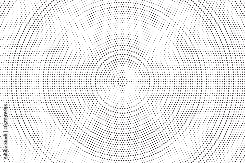 Poster Radial halftone gradient background. Dotted concentric texture with fading effect. Black and white circle shade wallpaper. Grunge rough vector. Monochrome backdrop