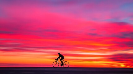 Obraz premium A solitary cyclist rides against a vibrant sunset backdrop, showcasing themes of freedom and adventure, This image is ideal for wellness, fitness, and travel-related content,