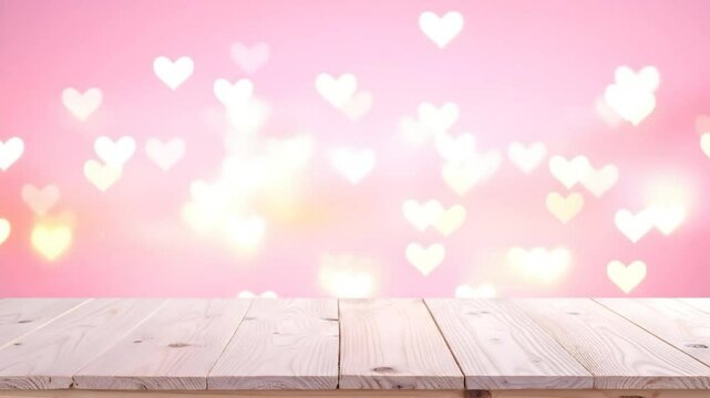 Wooden Table With Pink Heart Background