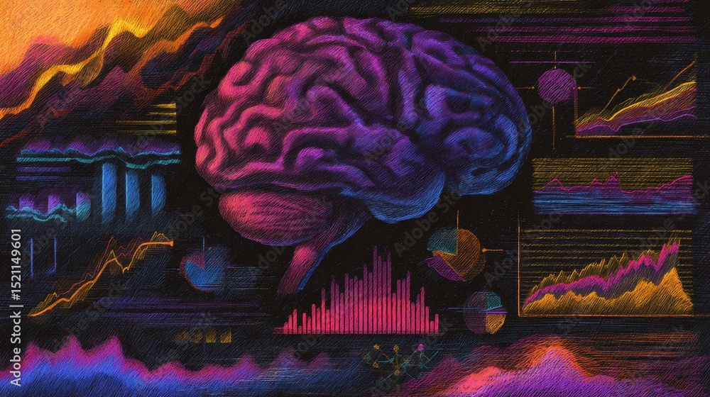 Poster vibrant illustration of a brain surrounded by colorful graphs and data visualizations, symbolizing a