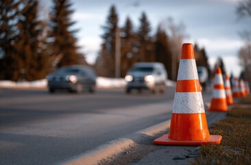 Traffic cones on roadside with blurred cars