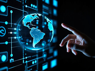 Hand Touching Global Network Earth Map on Futuristic Interface