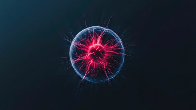A glowing plasma ball with vibrant strands of red energy radiates outward against a dark background, ideal for science-related projects, tech designs, or visual aesthetics,