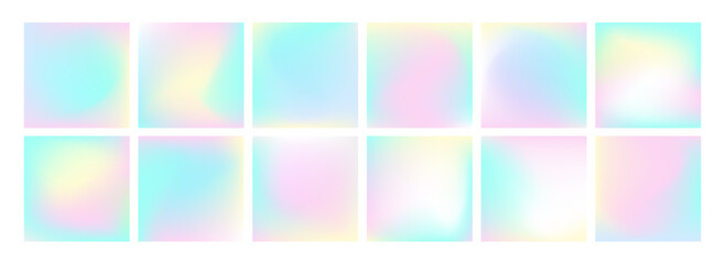 Pastel color Pride Month gradients. Pink iridescent glowing square backgrounds. Vector y2k kids aesthetic backdrop in soft light magenta violet pastel colors. Summer party social media post templates