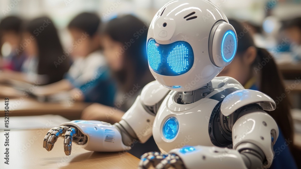 Poster a robot interacting with students in a classroom setting showcasing the potential of hands on techno