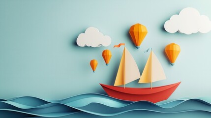 A whimsical scene of colorful paper boats navigating the calm wavy ocean beneath a serene cloud filled sky representing the spirit of adventure creativity and boundless possibilities