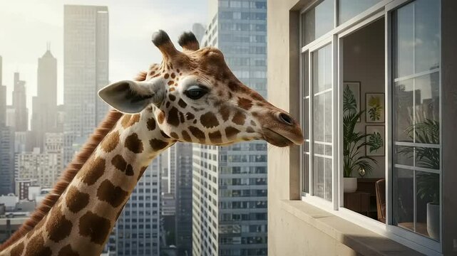 Giraffe peering into a modern apartment window amidst a bustling city skyline backdrop