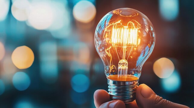 Close up of a person s hand holding an illuminated incandescent light bulb representing the spark of an idea innovation and the potential to enlighten and discover new possibilities