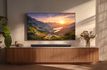 TV with sunset nature scene on display