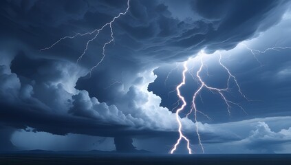 Naklejka premium Dramatic lightning storm over a dark landscape with intense clouds