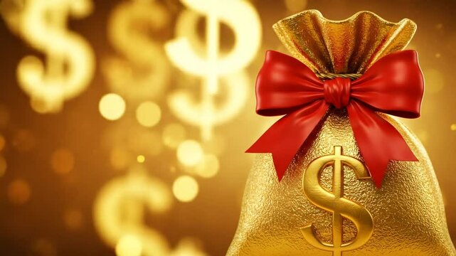 Golden Money Bag With Red Bow On Blurry Golden Background