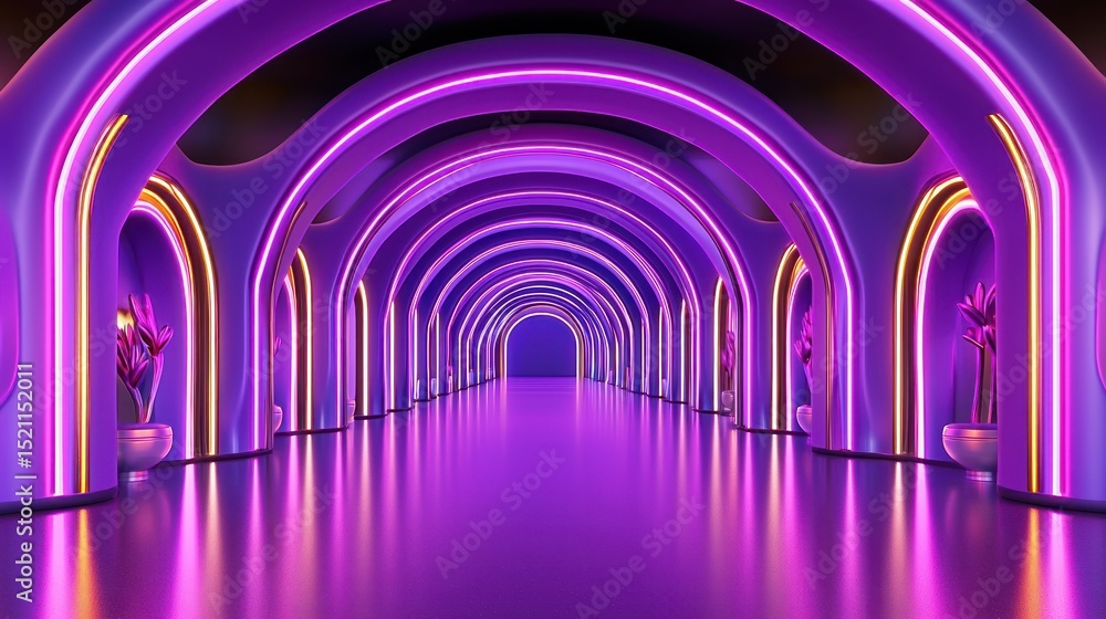 Poster neon illuminated corridor displays arched architecture with plants and reflections