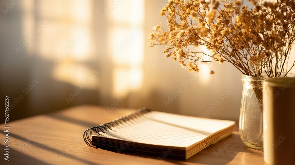Poster sunlit workspace featuring an open notebook and dried flowers in a jar on a wooden table