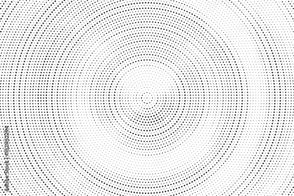 Poster Radial halftone gradient background. Dotted concentric texture with fading effect. Black and white circle shade wallpaper. Grunge rough vector. Monochrome backdrop