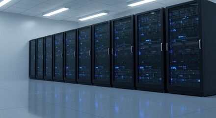 Modern data center with rows of server racks illuminated by blue lights in a sleek environment