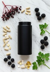 Black jar surrounded by assorted supplements and fresh berries