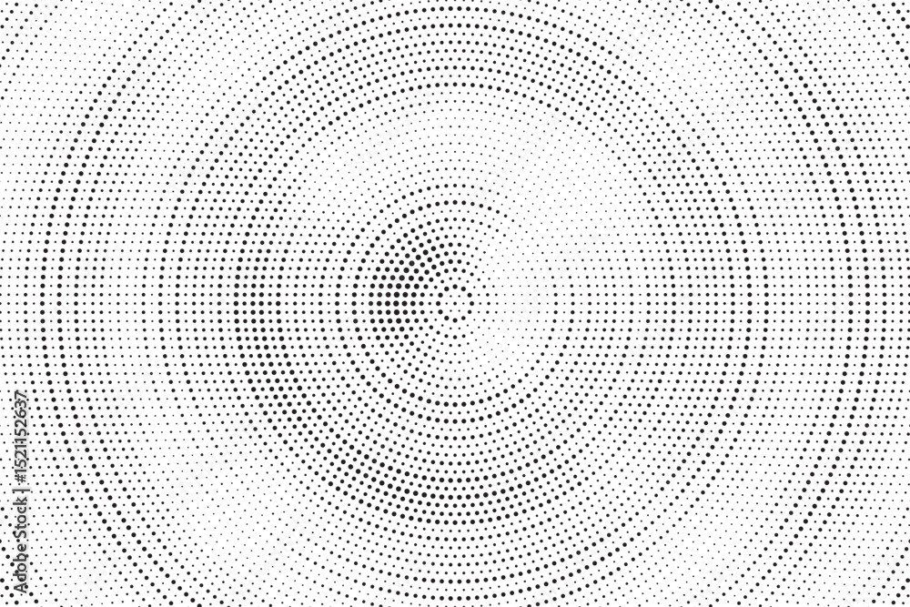 Aufkleber Radial halftone gradient background. Dotted concentric texture with fading effect. Black and white circle shade wallpaper. Grunge rough vector. Monochrome backdrop