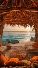 Coastal beach hut at sunrise.  Tranquil view of turquoise water