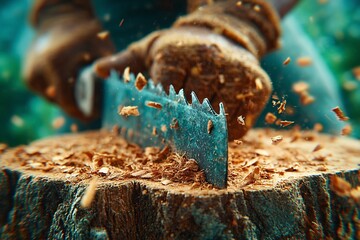 Saw Cutting Wood on a Tree Stump in Nature