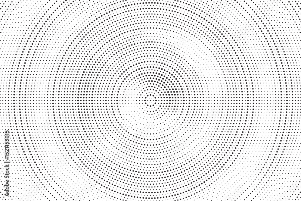 Poster Radial halftone gradient background. Dotted concentric texture with fading effect. Black and white circle shade wallpaper. Grunge rough vector. Monochrome backdrop