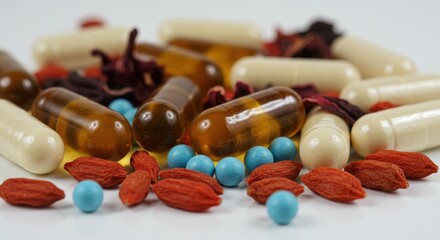 Assorted supplements, capsules, berries and granules on white background