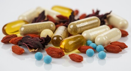 Pile of vitamin supplements and pills on white background