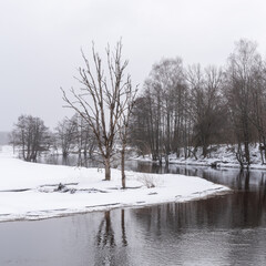 Winter landscape Belarus. River in the forest covered with snow.