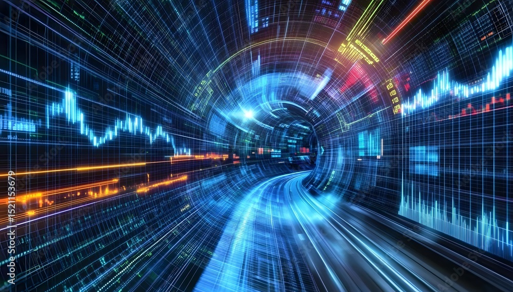 Poster digital tunnel filled with financial data streams.