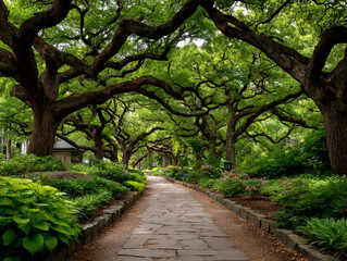 Fototapeta premium Lush parkway canopy sundappled path