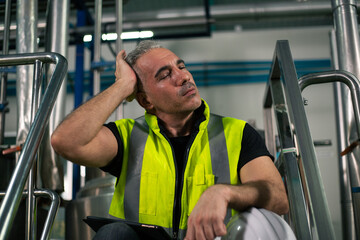 A male industrial engineer is sitting down and resting with his hand on his forehead, showing signs...