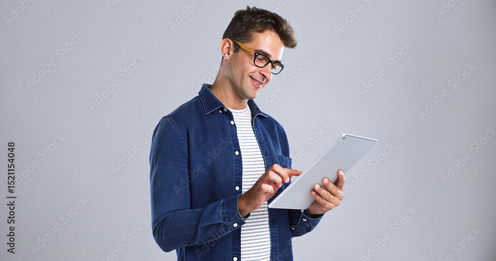Poster journalism, smile and tablet with editor man in studio for proofreading article of online magazine. 