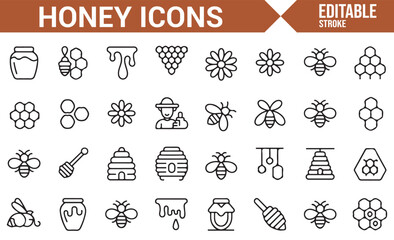 Icon Set for Honey Products, Beekeeping, and Beeswax