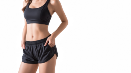 Sporty woman wearing black top and shorts, showing off her toned abs, posing with hands in pockets against a transparent background, perfect for fitness and health related projects