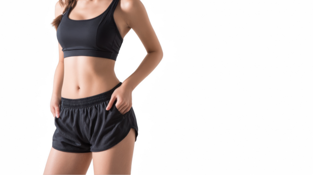 Sporty woman wearing black top and shorts, showing off her toned abs, posing with hands in pockets against a transparent background, perfect for fitness and health related projects
