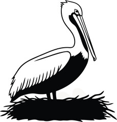 White pelican silhouette with eggs nest