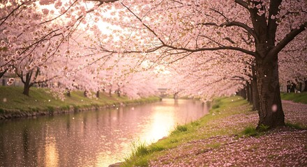 Cherry blossoms by a peaceful river	