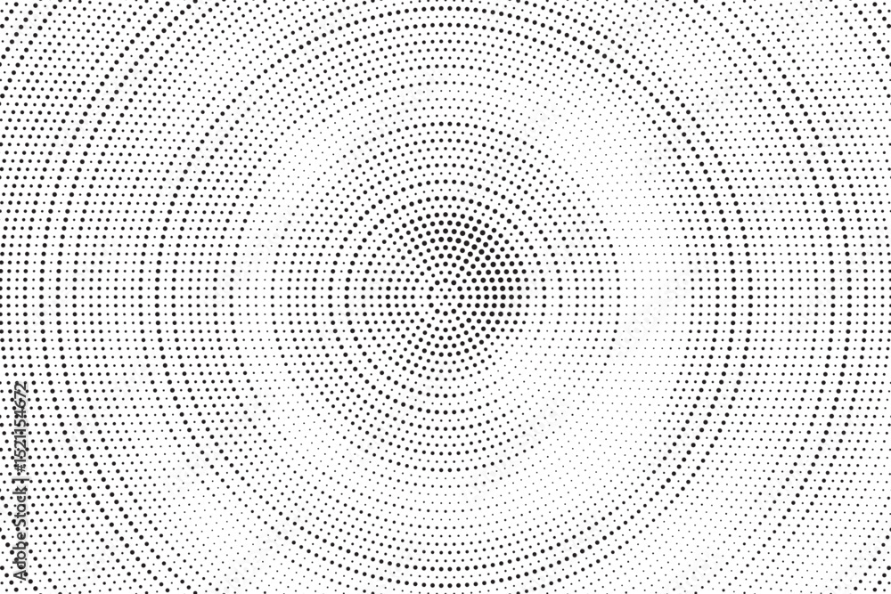 Poster Radial halftone gradient background. Dotted concentric texture with fading effect. Black and white circle shade wallpaper. Grunge rough vector. Monochrome backdrop