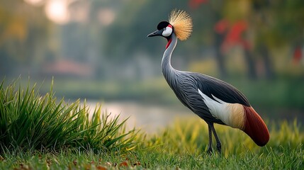Fototapeta premium Majestic crowned crane graces a serene meadow