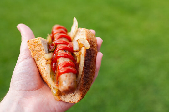 Sausage in hand and bread with onion and tomato sauce with green copy space
