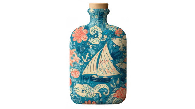 Retro inspired marine design adorns a uniquely shaped bottle featuring a sailboat, fish, flowers, and an anchor, set against a transparent background - Powered by Adobe
