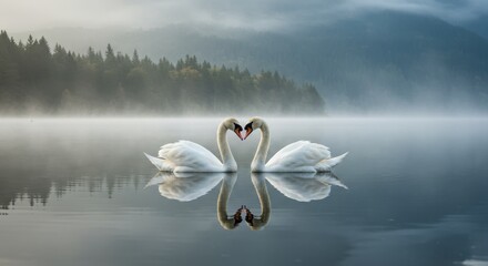 Two swans forming heart shape on misty lake