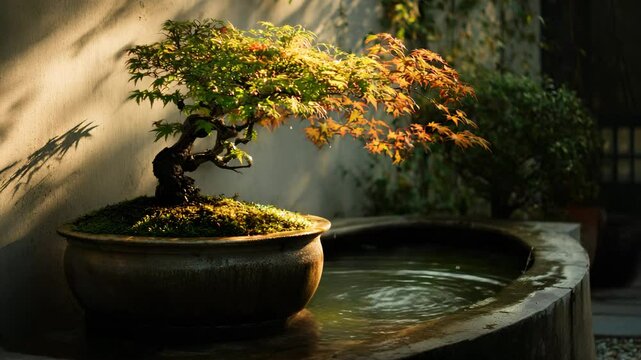 Serene bonsai tree in a terracotta pot, illuminated by warm sunlight, sits beside a stone basin of water. Soft light and shadows create a peaceful mood. Lush green and autumnal foliage are visible.