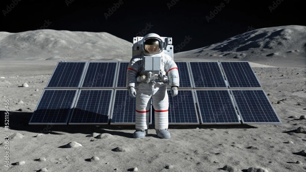 Poster an astronaut stands on the moon in front of a large solar panel array, with lunar hills in the backg
