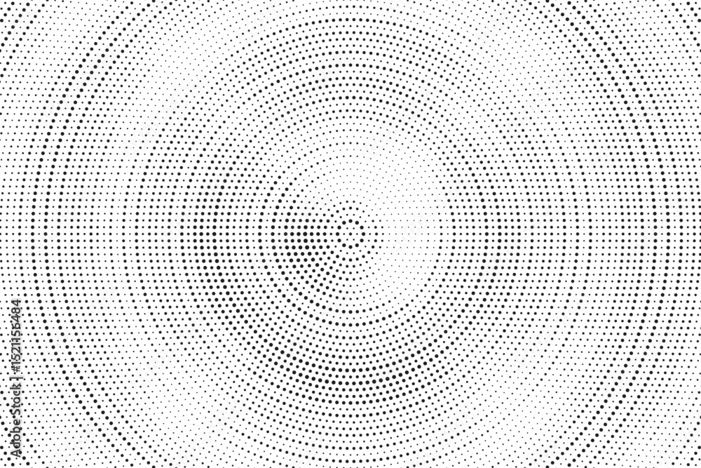Poster Radial halftone gradient background. Dotted concentric texture with fading effect. Black and white circle shade wallpaper. Grunge rough vector. Monochrome backdrop