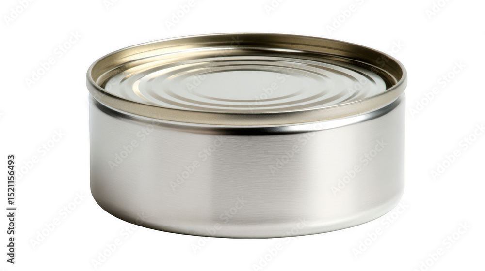 Poster featuring a simple, closed tin can with a gleaming golden lid, resting on a transparent background, 