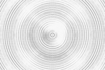 Radial halftone gradient background. Dotted concentric texture with fading effect. Black and white circle shade wallpaper. Grunge rough vector. Monochrome backdrop
