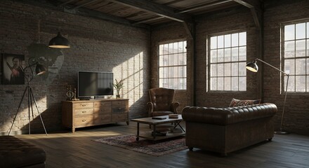 Naklejka premium Industrial Loft Living Room with Vintage Furniture and Natural Light